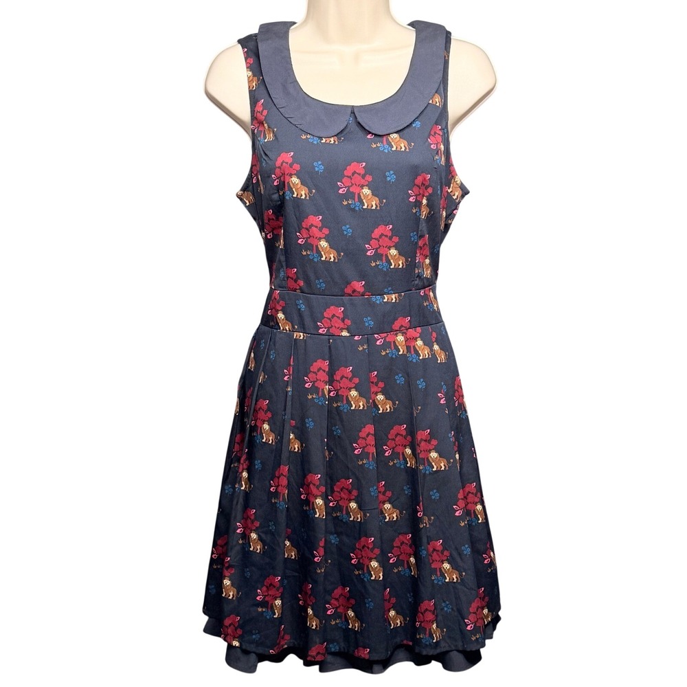 Yumi Lion Print Dress 8/10 Navy Peter Pan‎ Collar Sleeveless Academia Retro Y2K
